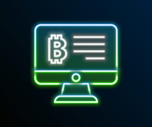 glowing neon line mining bitcoin from monitor icon vector image