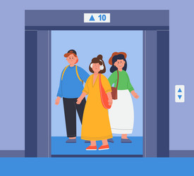 Young people inside lift with open door flat vector