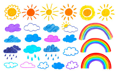 childlike drawings of sun rainbow and clouds Vector Image