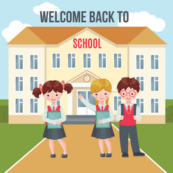 happy kids on school building background vector