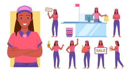 Set of african american seller girl in shop vector