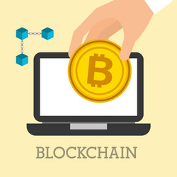 Hand with bitcoin laptop and blockchain vector