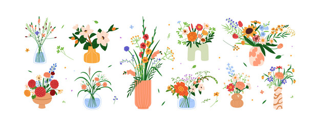 Floral Bouquet Set in Vases Vector Image