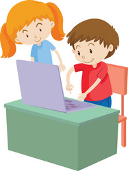 children working on computer vector