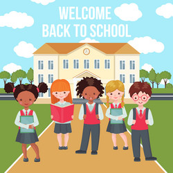 happy kids on school building background vector