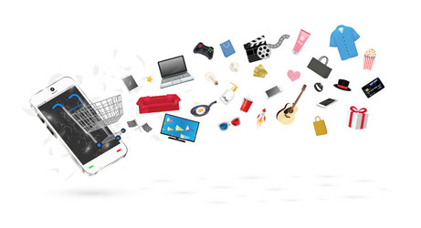 Smartphone with many shopping objects floating vector