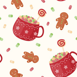 seamless pattern festive cute mugs with cocoa vector image