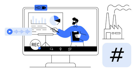 virtual presentation with charts and data vector image