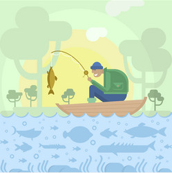 fisherman in boat and fishes vector