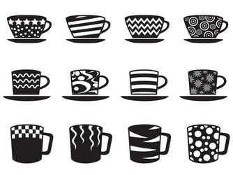 Coffee cup with patterns icons set vector