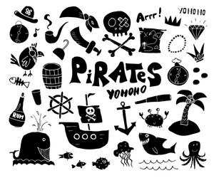 Pirate doodles set cute items sketch vector