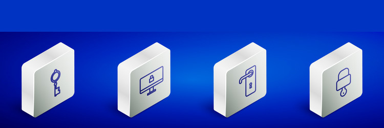 set isometric line old key lock on computer vector image