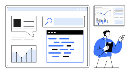 man presenting data insights with graphs and text vector image