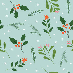 seamless pattern with holly and fir branches vector image