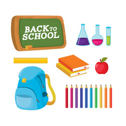set blackboard with erlenmeyer flask and books vector image