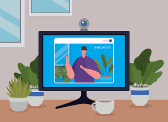 man avatar on computer in video chat design vector