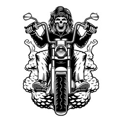 black and white of a biker skeleton Vector Image