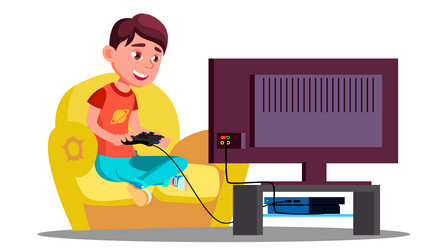 little boy playing video games on the couch vector