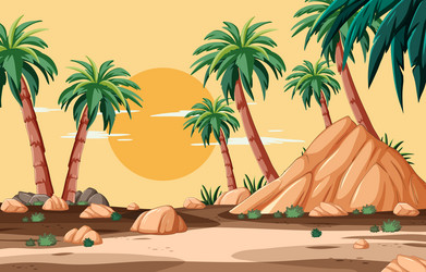 palm trees and rocks under a setting sun vector image