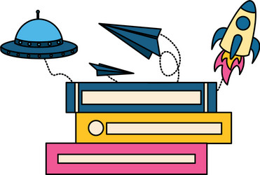 stack of books with rocket isolated icon vector