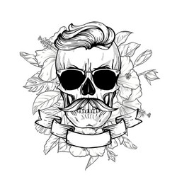Retro Skull with Headphones and Flowers Vector Image