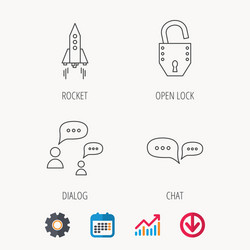rocket chat speech bubble and open lock icons vector image
