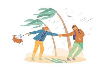 wind storm and rain hit people on the beach flat vector