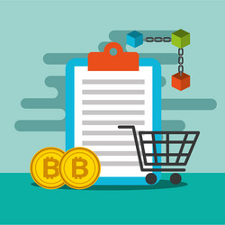 Clipboard shopping cart and bitcoin blockchain vector