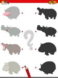 match shadows activity with funny hippos vector