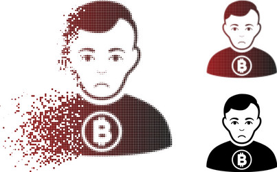 sad disappearing pixel halftone bitcoin man icon vector image