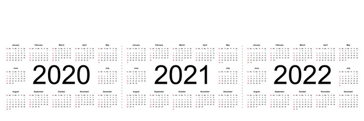 simple calendar layout for 2020 2021 and 2022 vector image