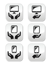 Hands with computer tablet mobile or cell phone vector