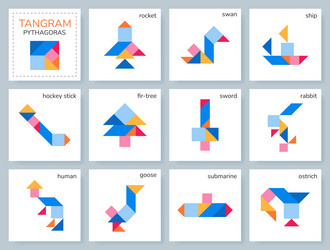 tangram pythagoras puzzle set with objects vector image