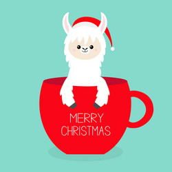 Cute Alpaca in Coffee Cup - Merry Christmas! Vector Image