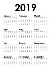Vertical calendar for 2019 year isolated white vector