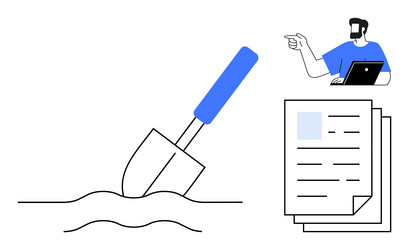 man pointing while using laptop shovel digging vector image