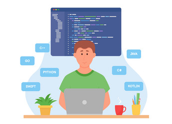 Programmer coding concept man writing code vector