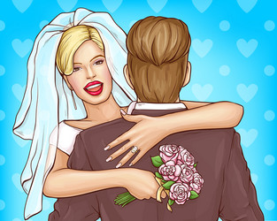 Happy newlyweds hugging cartoon concept vector