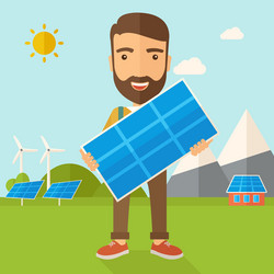 Man holding a solar panel vector