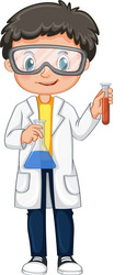 boy in science gown holding beakers vector