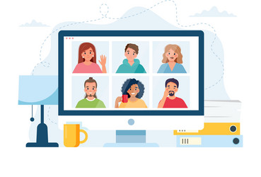 computer with group people doing call vector image