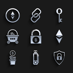 set lock with bitcoin usb flash drive shield vector image