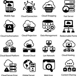 Pack cloud computing and hosting solid icons vector