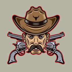 cowboy man head with mustache in hat and crossed vector