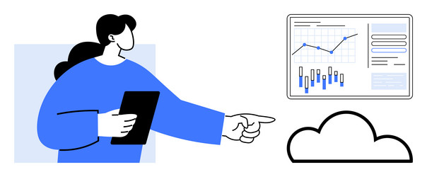 woman analyzing data dashboard with tablet vector image