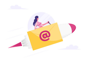 Businesswoman flying on rocket with email sign vector