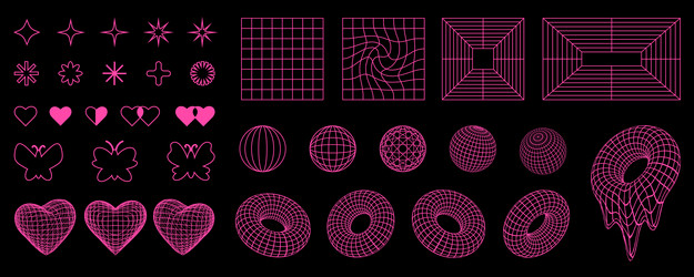 Retro y2k shapes and 3d wireframes grids vector