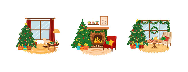 Cozy home christmas interior set festive vector