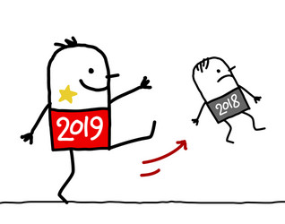 Cartoon big 2019 man kicking out a small 2018 vector