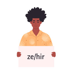 Young black man holding sign with gender pronoun vector